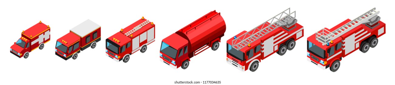 Fire engine set. Emergency service red vehicle with water tanker for fire fighting operations, carries firefighters squad and equipment. Vector Isometry.