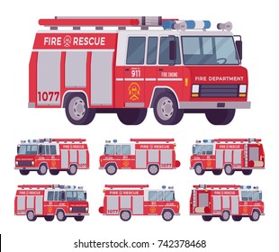 Fire engine set. Emergency service red vehicle with water tanker for firefighting operations, carries firefighters squad and equipment. Vector flat style cartoon illustration on white background