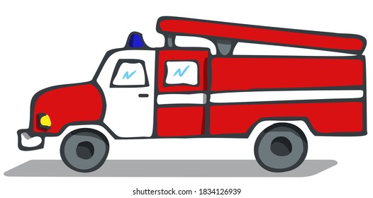 Fire engine sketch. Red and white truck, volumetric with a shadow. Fire Department.