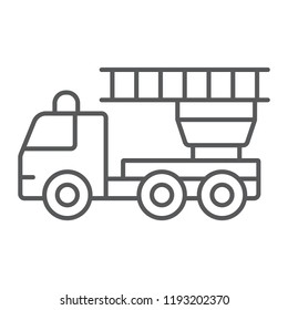 Fire engine thin line icon, emergency and fire, firetruck sign, vector graphics, a linear pattern on a white background, eps 10.