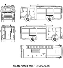 Fire Engine Truck Crane Realistic Sketch. Fire Truck Template Vector Isolated On White.