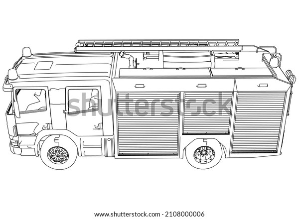 Fire engine truck crane realistic\
sketch. Fire truck template vector isolated on\
white.