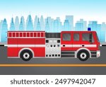 Fire Engine or Fire Truck Driving on the Road in the City. Vector Illustration.