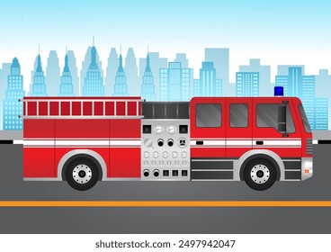 Motor de bomberos o camión de bomberos que conduce en la carretera en la ciudad. Ilustración vectorial.