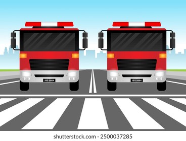 Fire Engine or Fire Truck Driving on the Road. Vector Illustration.