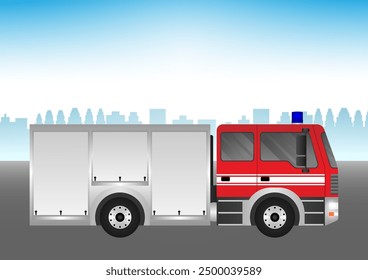 Fire Engine or Fire Truck Driving on the Road in the City. Vector Illustration.