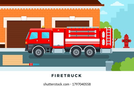 Fire Engine Truck Emergency Vehicle In Modern Vector Flat Set Illustration. Staff And Fire Trucks In Front Of Station