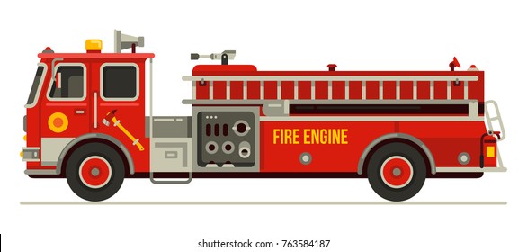 Fire Engine Truck Emergency Vehicle In Modern Flat Style Vector Illustration