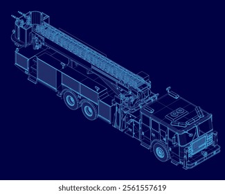 Fire engine truck or firetruck car vector wireframe, firefighter vehicle. Firefighting lorry, fireman emergency rescue, transport, isometric view flat car with classic siren alarm and water tank hose