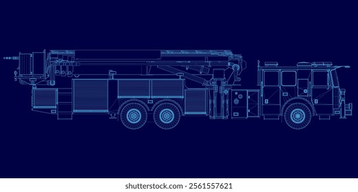 Fire engine truck or firetruck car vector wireframe, firefighter vehicle. Firefighting lorry, fireman emergency rescue, transport, side view flat car with classic siren alarm and water tank hose