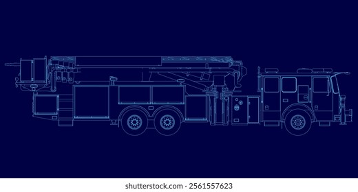 Fire engine truck or firetruck car vector contour, firefighter vehicle. Firefighting lorry, fireman emergency rescue, transport, side view flat car with classic siren alarm and water tank hose