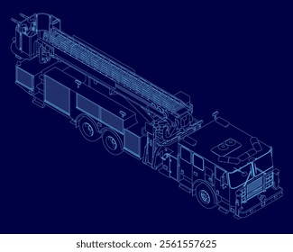 Fire engine truck or firetruck car vector contour, firefighter vehicle. Firefighting lorry, fireman emergency rescue, transport, isometric view flat car with classic siren alarm and water tank hose