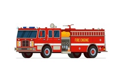 Fire Engine Truck Isometric Side Front View. Firetruck Car With Alarm Siren, Water Tank And Hose. Firefighter Red Vehicle. Fireman Emergency Rescue Transport. Firefighting Lorry Flat Vector Eps