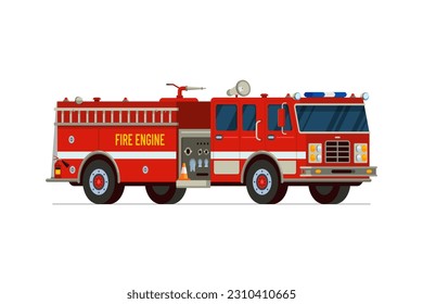Fire engine truck isometric side front view. Firetruck car with Siren alarm and water tank. Firefighter red vehicle. Fireman emergency rescue transport. Firefighting lorry vector eps flat illustration