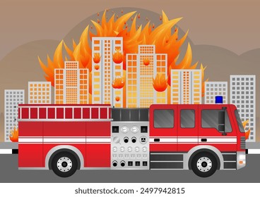 Fire Engine or Fire Truck Parked at Burning House or Burning Building. Vector Illustration.