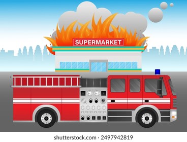 Fire Engine or Fire Truck Parked at Burning House or Burning Building. Vector Illustration.