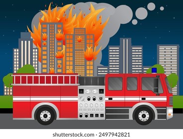 Fire Engine or Fire Truck Parked at Burning House or Burning Building. Vector Illustration.