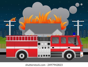 Fire Engine or Fire Truck Parked at Burning House or Burning Building. Vector Illustration.