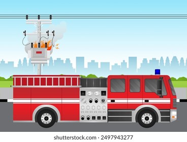 Motor de bomberos o camión de bomberos estacionado en el poste eléctrico en llamas. Ilustración vectorial.