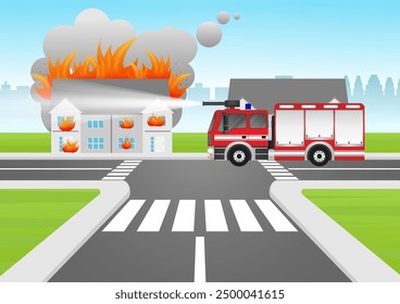 Fire Engine or Fire Truck Parked at Burning House or Burning Building. Vector Illustration.