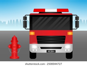 Fire Engine or Fire Truck and Red Fire Hydrant. Vector Illustration.