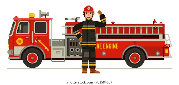 fire engine truck and strong fireman in uniform flat style vector illustration