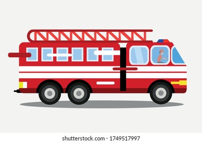 Fire Engine Vector With Driver Isolated Truck Emergency White Flat Illustration 