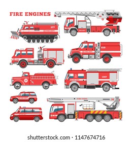 Fire engine vector firefighting emergency vehicle or red firetruck with firehose and ladder illustration set of firefighters car or fire-engine transport isolated on white background