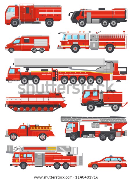 Fire\
engine vector firefighting emergency vehicle or red firetruck with\
firehose and ladder illustration set of firefighters car or\
fire-engine transport isolated on white\
background