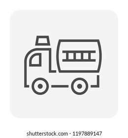 Fire engine vector icon at side. May called fire truck, firetruck. Emergency vehicle with siren light from fire department for rescue city with water, firefighters or fireman, ladder, hose. 64x64 px.
