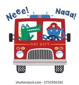 fire engine vector illustration with animals