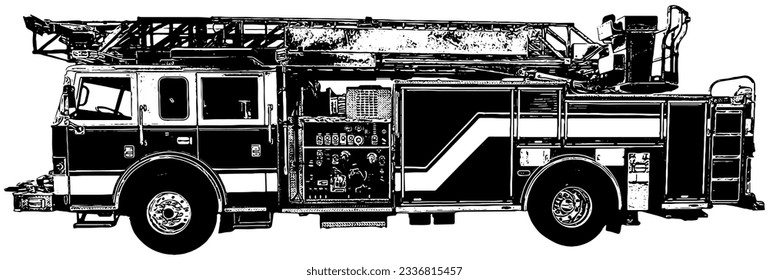 Fire engine vector illustration sketch in black, isolated 