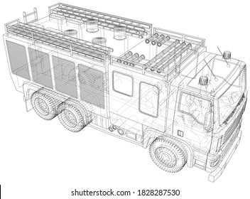 Fire Engine vector. Fire truck Wire-frame line isolated. Vector rendering of 3d.