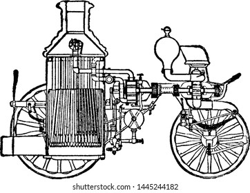 Ilustración grabada en vintage del motor de fuego.