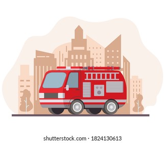 Fire engine.Emergency service red vehicle.Red fire truck with ladder. City skyline, skyscrapers.Modern flat style illustration vector .