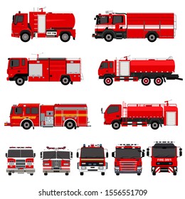 Fire engines, fire trucks collection. Isolated. Vector illustration.