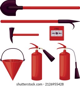 Equipo de bomberos. Accesorios para extinguir incendios, como extintores, palas de incendios, hachas, cubos y un botón de alarma de incendios. Vector