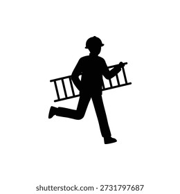 Escape de incendios. Hombre en traje de bombero y casco de protección corre para ayudar. Vector Signo de silueta en blanco y negro.