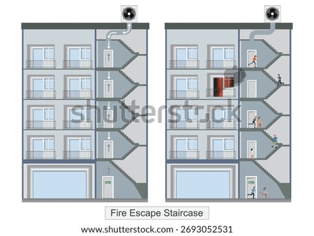 Fire escape staircase attached to a multi-story city building, showing people evacuating urgently during a fire emergency. Smoke and flames are visible, emergency exits and urban fire safety.vector