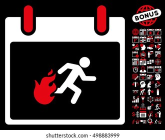 Fire Evacuation Man Calendar Day pictograph with bonus calendar and time management pictograph collection. Vector illustration style is flat iconic symbols, red and white, black background.