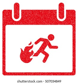 Fire Evacuation Man Calendar Day grainy textured icon for overlay watermark stamps. Flat symbol with dust texture. Dotted vector red ink rubber seal stamp with grunge design on a white background.