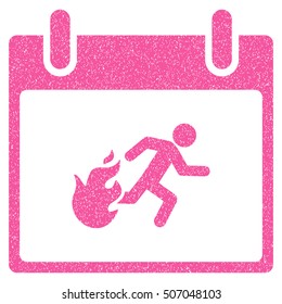 Fire Evacuation Man Calendar Day grainy textured icon for overlay watermark stamps. Flat symbol with dust texture. Dotted vector pink ink rubber seal stamp with grunge design on a white background.