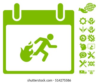 Fire Evacuation Man Calendar Day icon with bonus configuration symbols. Vector illustration style is flat iconic symbols, eco green, white background.