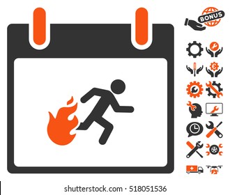 Fire Evacuation Man Calendar Day pictograph with bonus setup tools icon set. Vector illustration style is flat iconic symbols, orange and gray, white background.