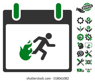 Fire Evacuation Man Calendar Day pictograph with bonus settings graphic icons. Vector illustration style is flat iconic symbols, green and gray, white background.