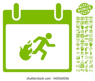 Fire Evacuation Man Calendar Day icon with bonus calendar and time management graphic icons. Vector illustration style is flat iconic symbols, eco green, white background.