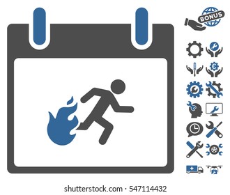 Fire Evacuation Man Calendar Day pictograph with bonus tools graphic icons. Vector illustration style is flat iconic symbols, cobalt and gray, white background.