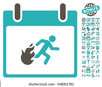 Fire Evacuation Man Calendar Day pictograph with bonus calendar and time management pictures. Vector illustration style is flat iconic symbols, grey and cyan, white background.