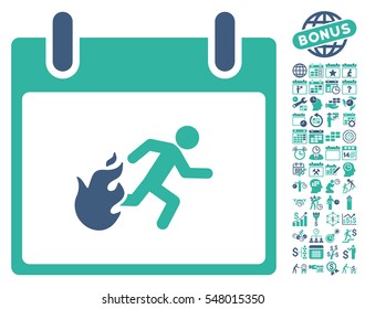 Fire Evacuation Man Calendar Day icon with bonus calendar and time management pictograph collection. Vector illustration style is flat iconic symbols, cobalt and cyan, white background.