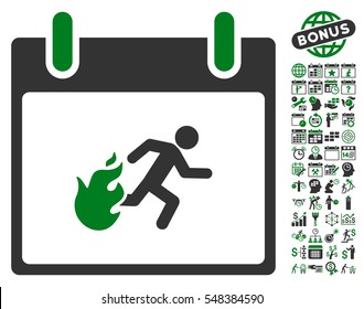 Fire Evacuation Man Calendar Day icon with bonus calendar and time management pictograph collection. Vector illustration style is flat iconic symbols, green and gray, white background.
